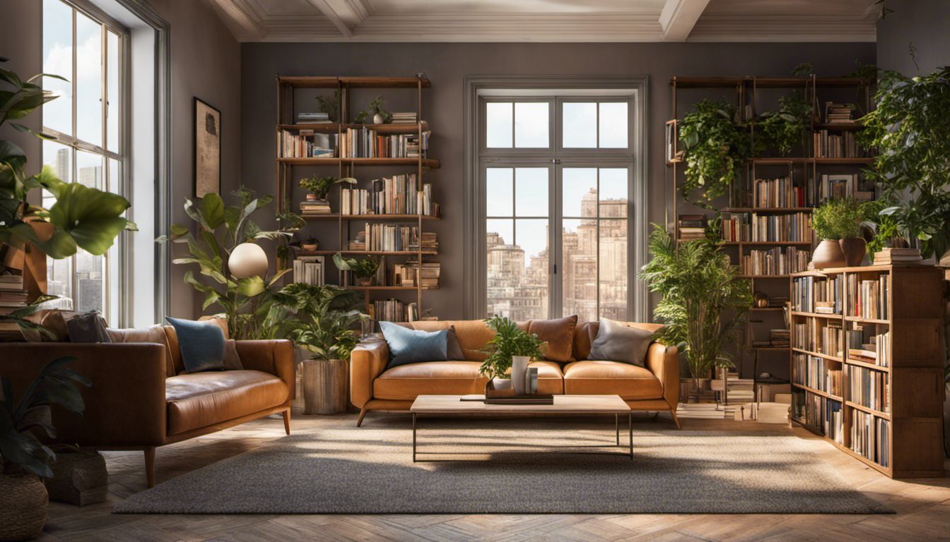 A vibrant and artistic living room filled with books, plants, and travel-inspired decorations.