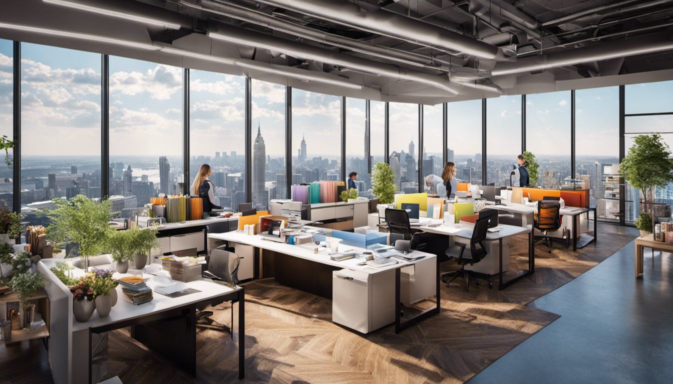 A diverse group of event planners collaboratively work in a bustling office surrounded by event planning materials, with a cityscape visible through large windows.