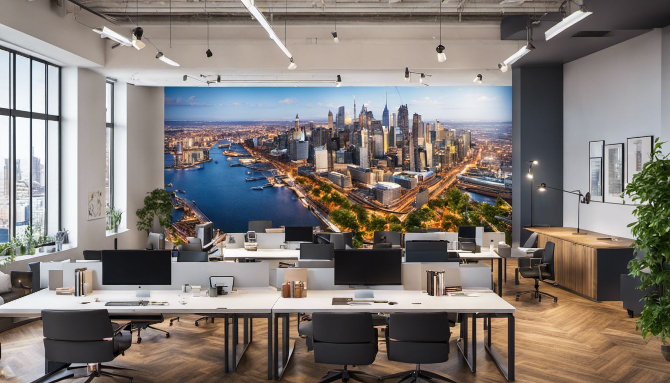 A diverse team of professionals working together in a modern office space with an inspiring cityscape photograph on the wall.