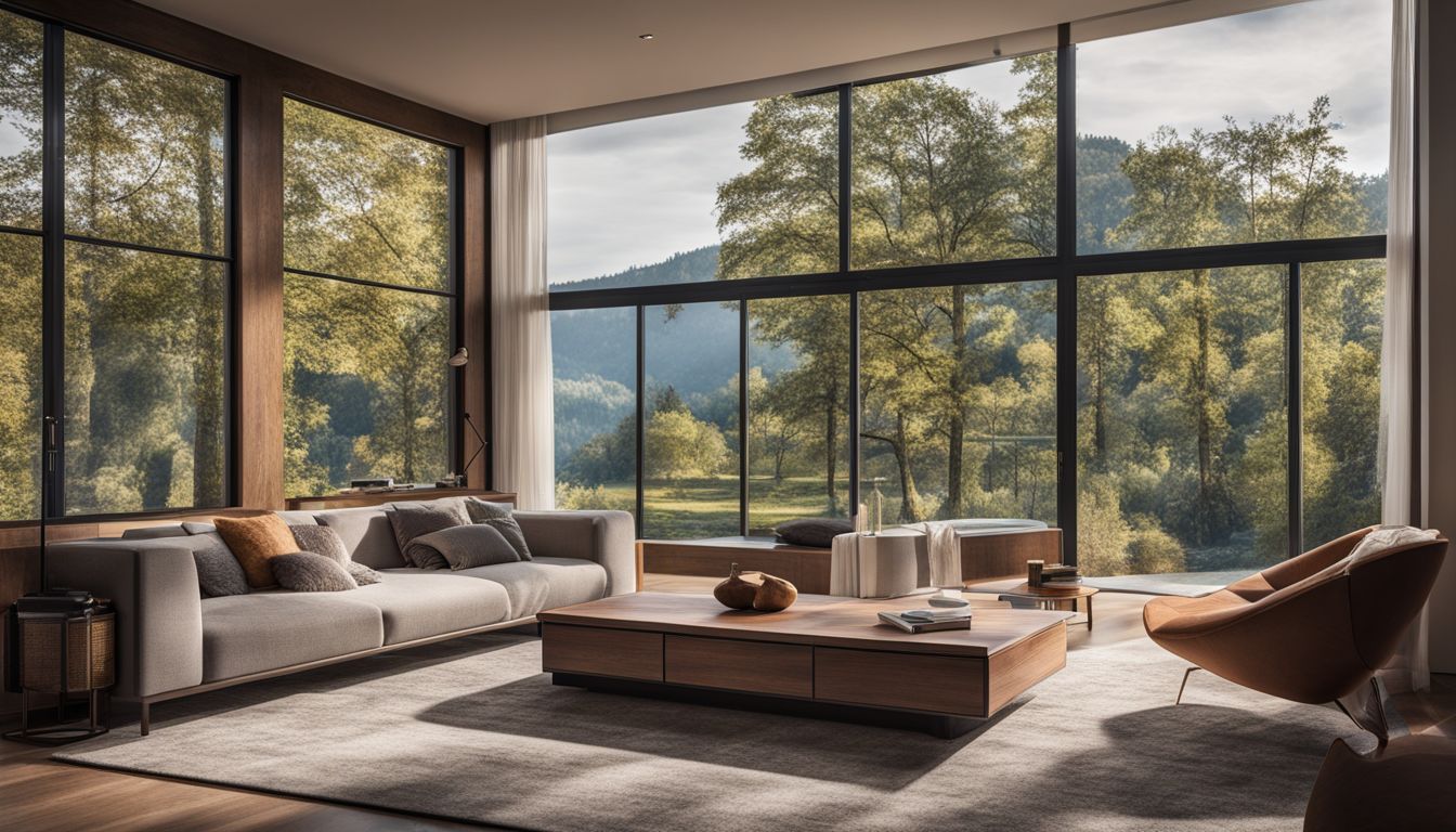 A modern home interior with a scenic view out the window.