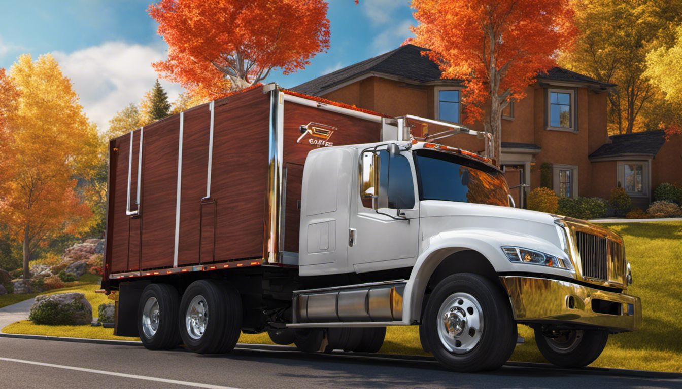 A moving truck with fall foliage in the background, portraying a fresh start at a cozy suburban home.