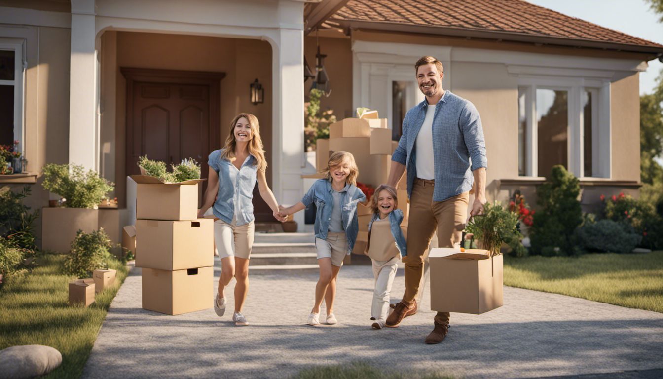 A happy family embraces new beginnings as they move into their new home in a bustling neighborhood.