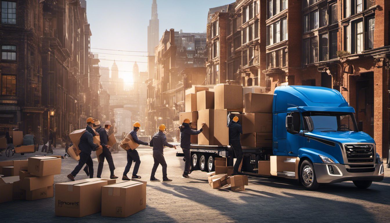 A group of movers efficiently unload furniture from a truck against the cityscape backdrop.