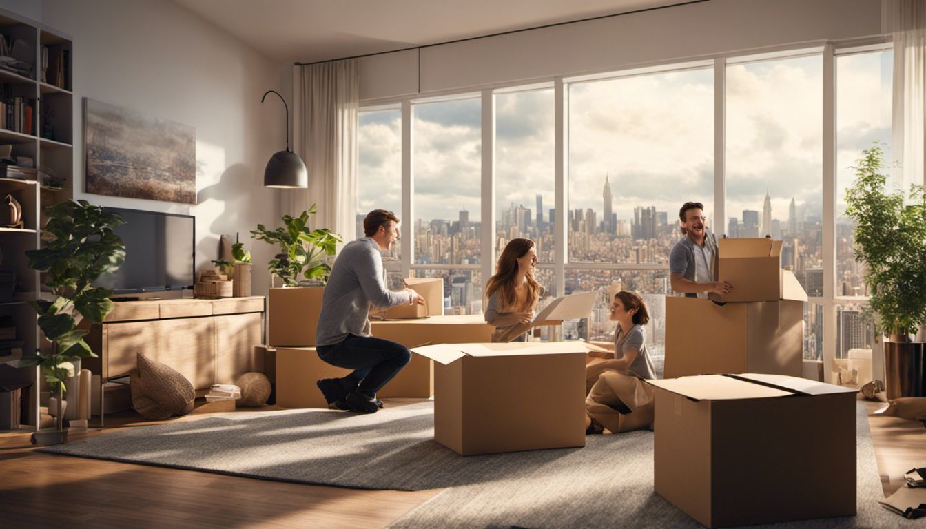 A diverse family happily unpacking in their new home amidst a busy atmosphere and cityscape views.