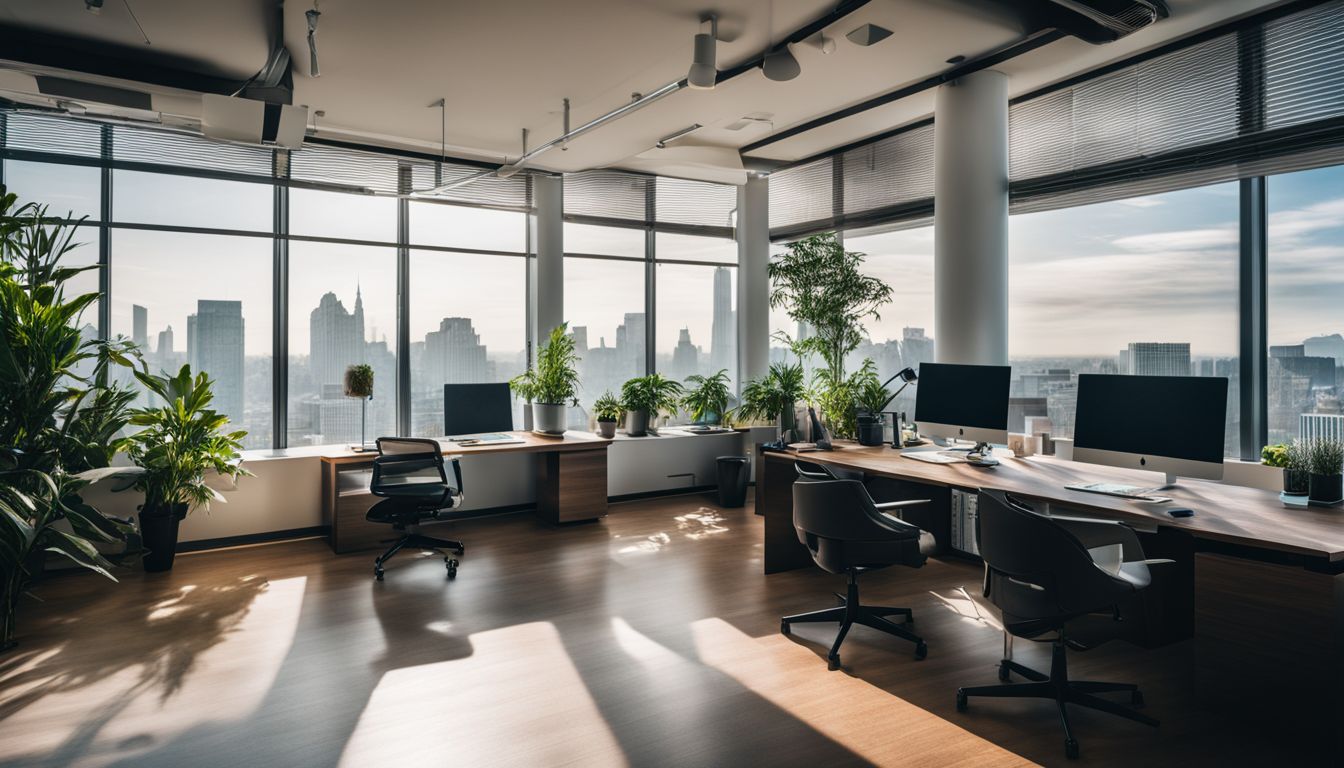 A modern office space with a sleek desk, computer, and plants.