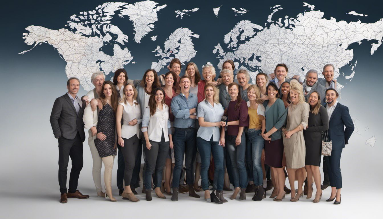 A diverse group of people from different nationalities stand in front of a world map, expressing curiosity and excitement.