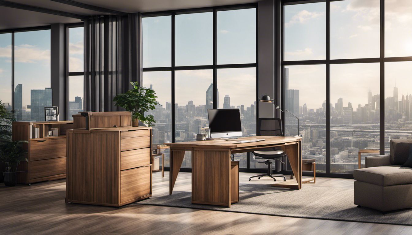 Sturdy wooden office furniture being loaded onto a moving truck against a bustling cityscape, highlighting its craftsmanship and durability.