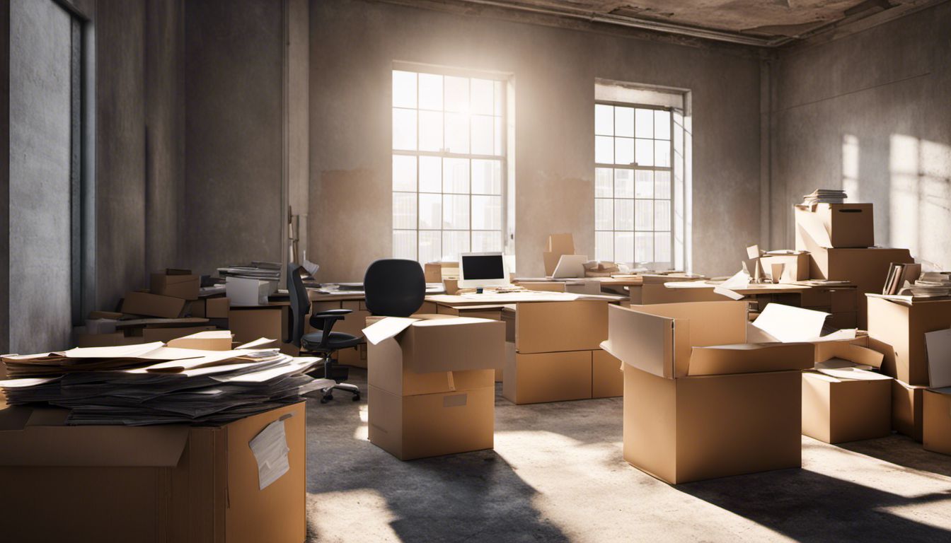 An abandoned office space filled with stacked cardboard boxes and furniture, showing signs of neglect and disuse.