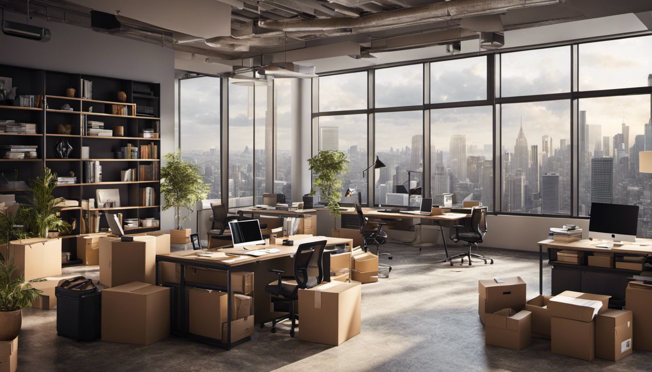 Workers in a busy office pack boxes and rearrange furniture against a backdrop of a bustling cityscape.