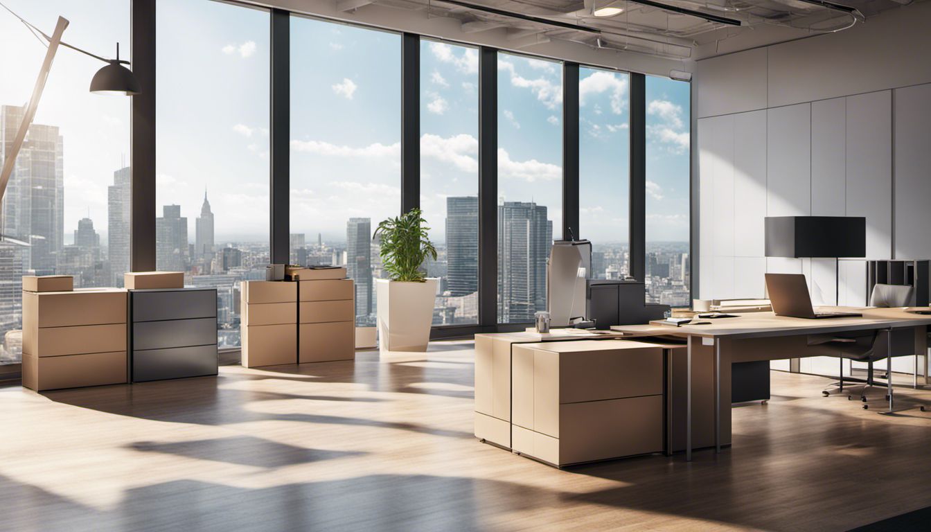 An office space filled with stacked boxes and modern furniture overlooking a stunning cityscape.
