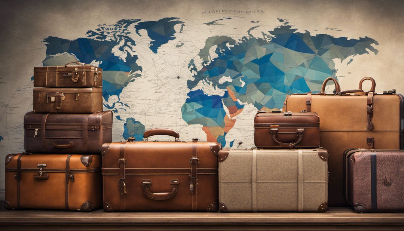 A travel-themed room with suitcases, boxes, a world map, and cityscape photography representing wanderlust and exploration.