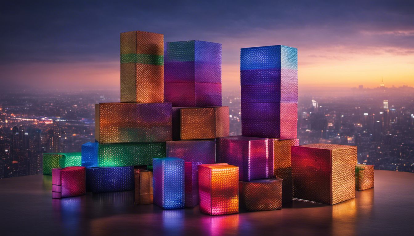 Moving boxes with colorful tape and bubble wrap amidst a stunning cityscape, symbolizing new beginnings and excitement.