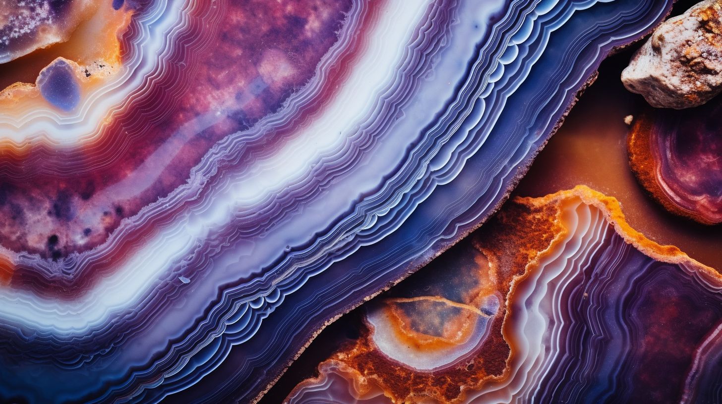 A close-up of a polished Persian Agate stone, displaying intricate patterns and vibrant colors, captured with a macro lens.