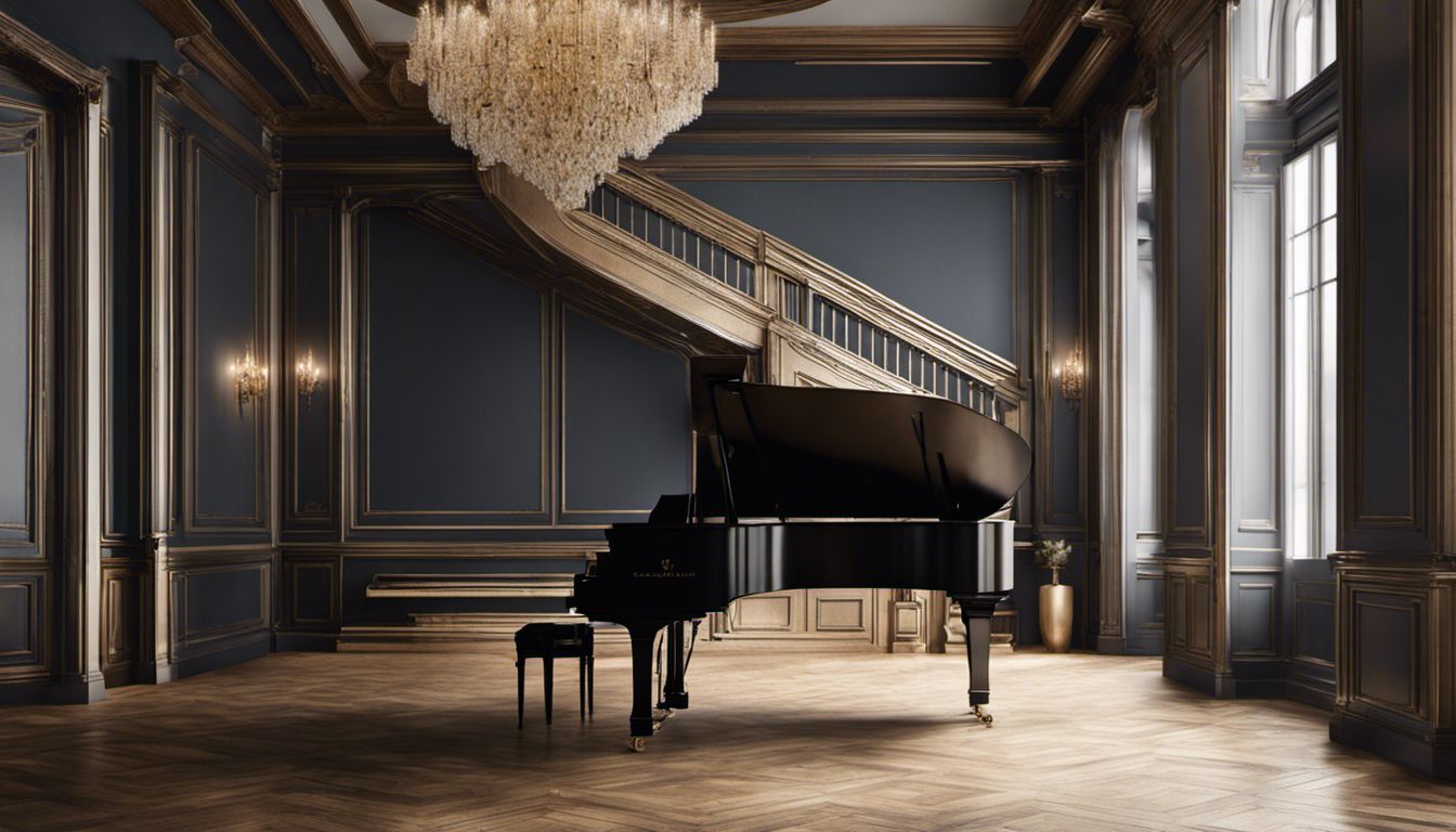 A piano mover expertly carries a grand piano down a majestic staircase with strength and precision.