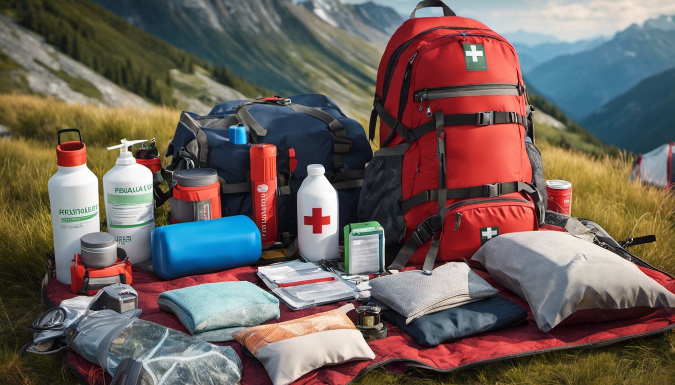 A well-prepared backpack containing first-aid and emergency supplies, surrounded by camping equipment, amidst stunning mountain scenery, symbolizing wilderness exploration and preparedness.