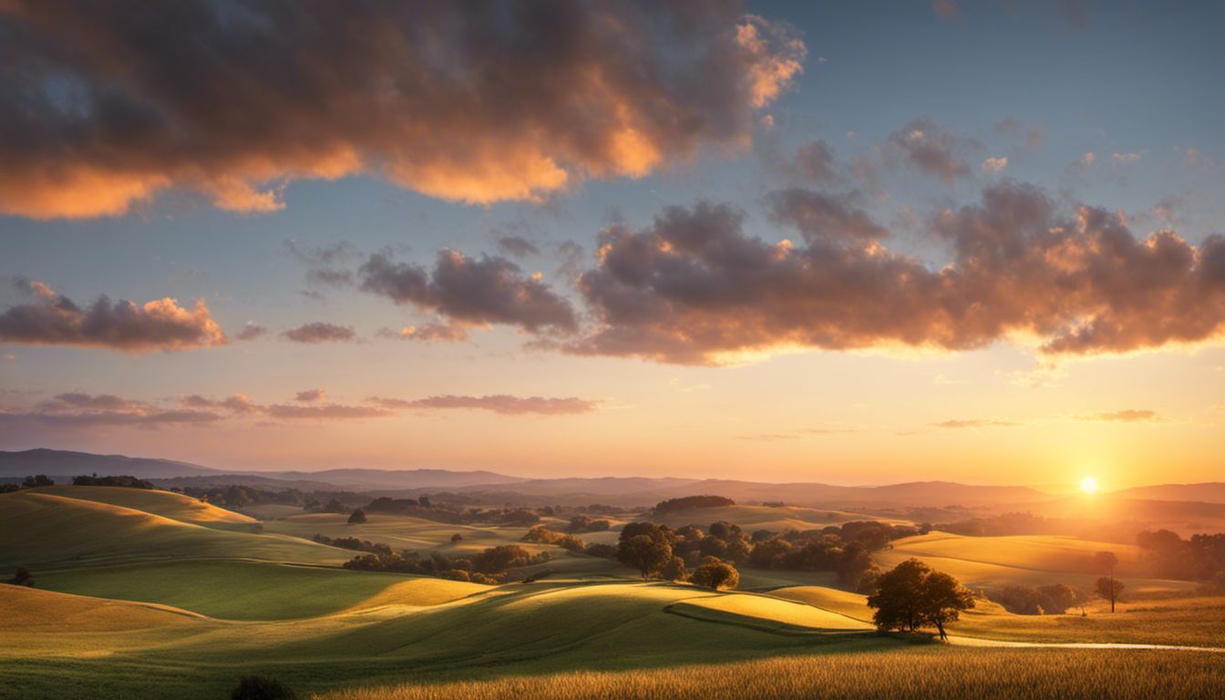 A picturesque sunrise over a peaceful countryside, showcasing the beauty of nature.