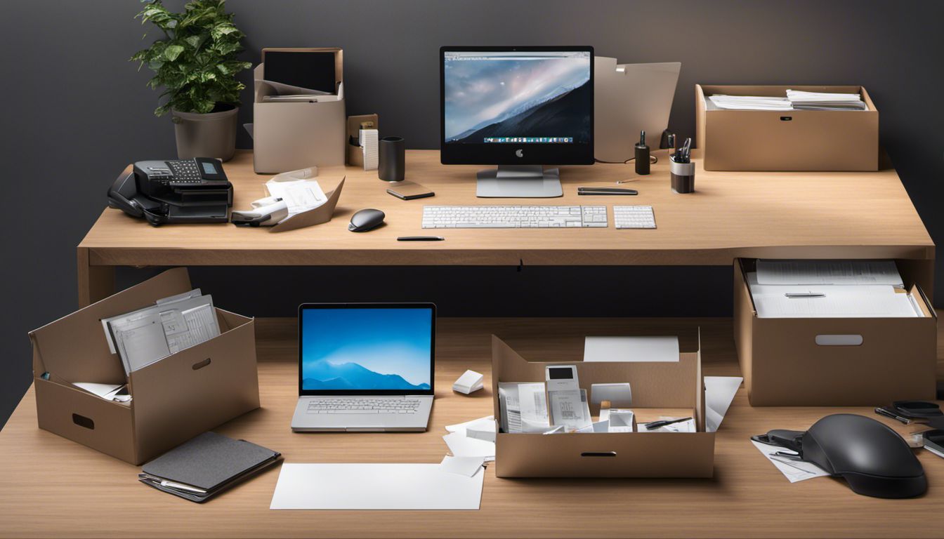 A well-arranged and productive desk with various office supplies and packing materials scattered around.