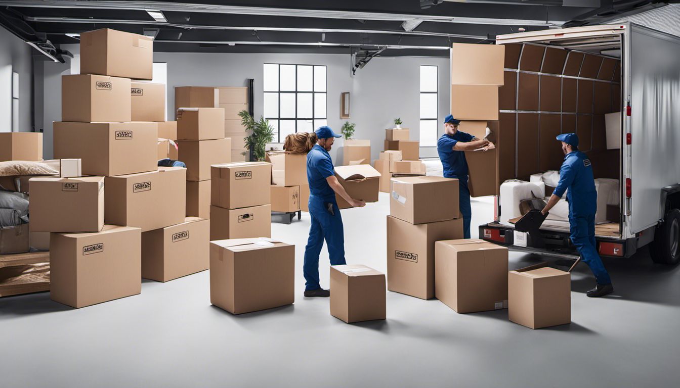 A team of movers efficiently load boxes and furniture onto a moving truck during an office relocation.