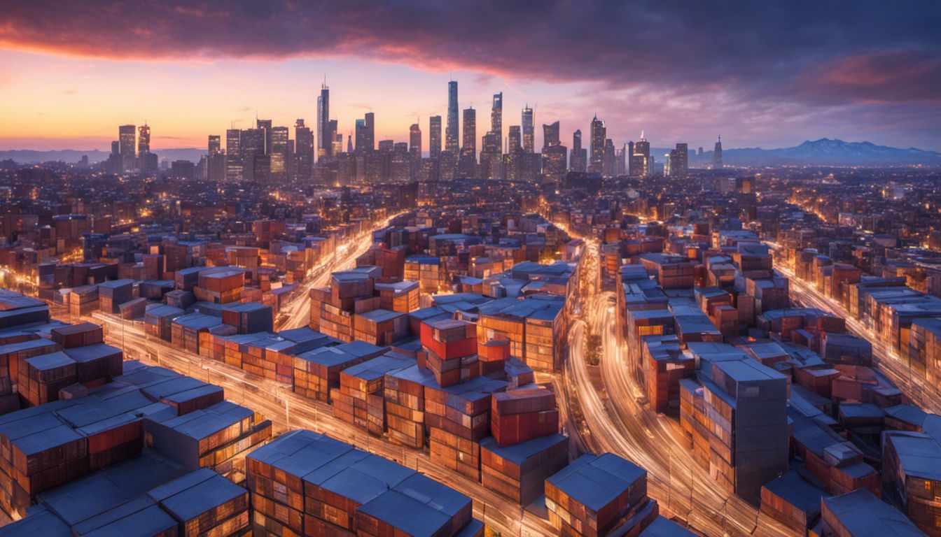 A moving truck filled with packed cardboard boxes against a vibrant cityscape at twilight.
