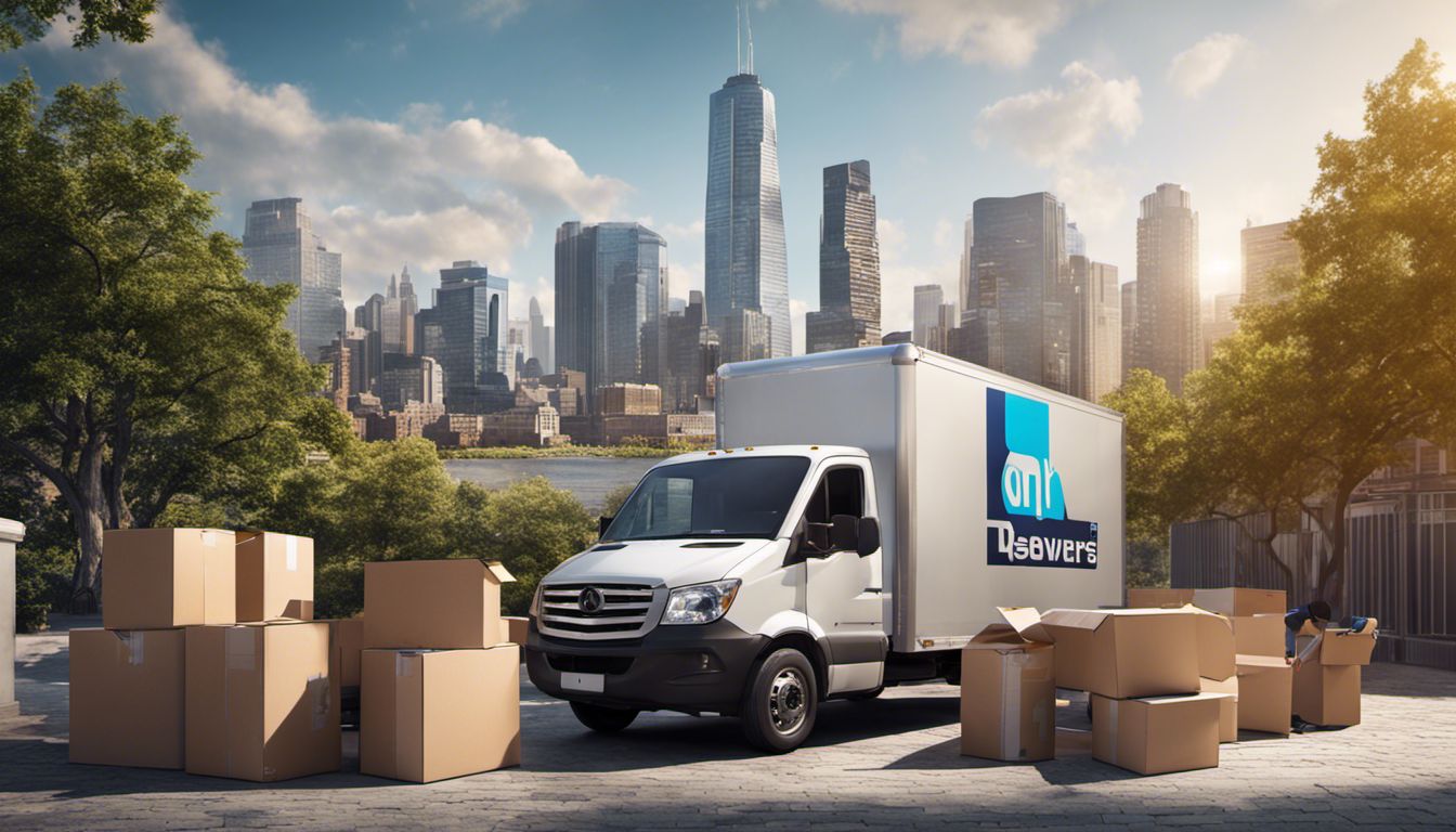 A team of movers efficiently loads belongings into a spacious truck against a city skyline.