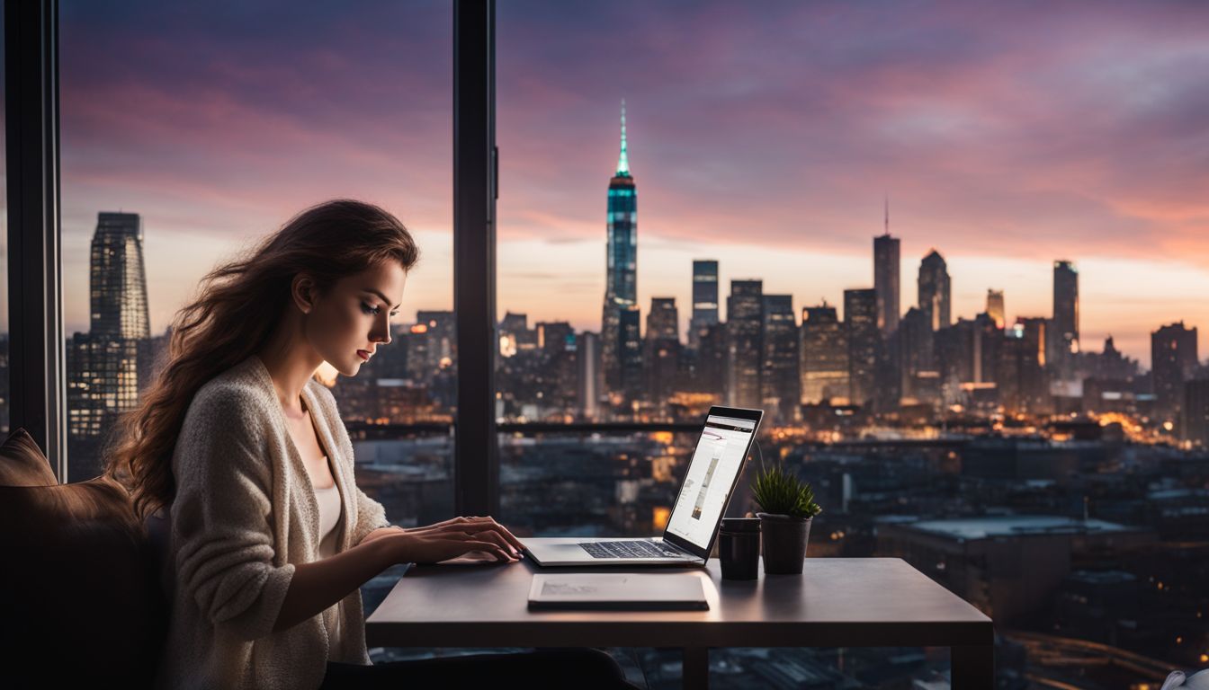 A person typing on a laptop with a city skyline in the background.