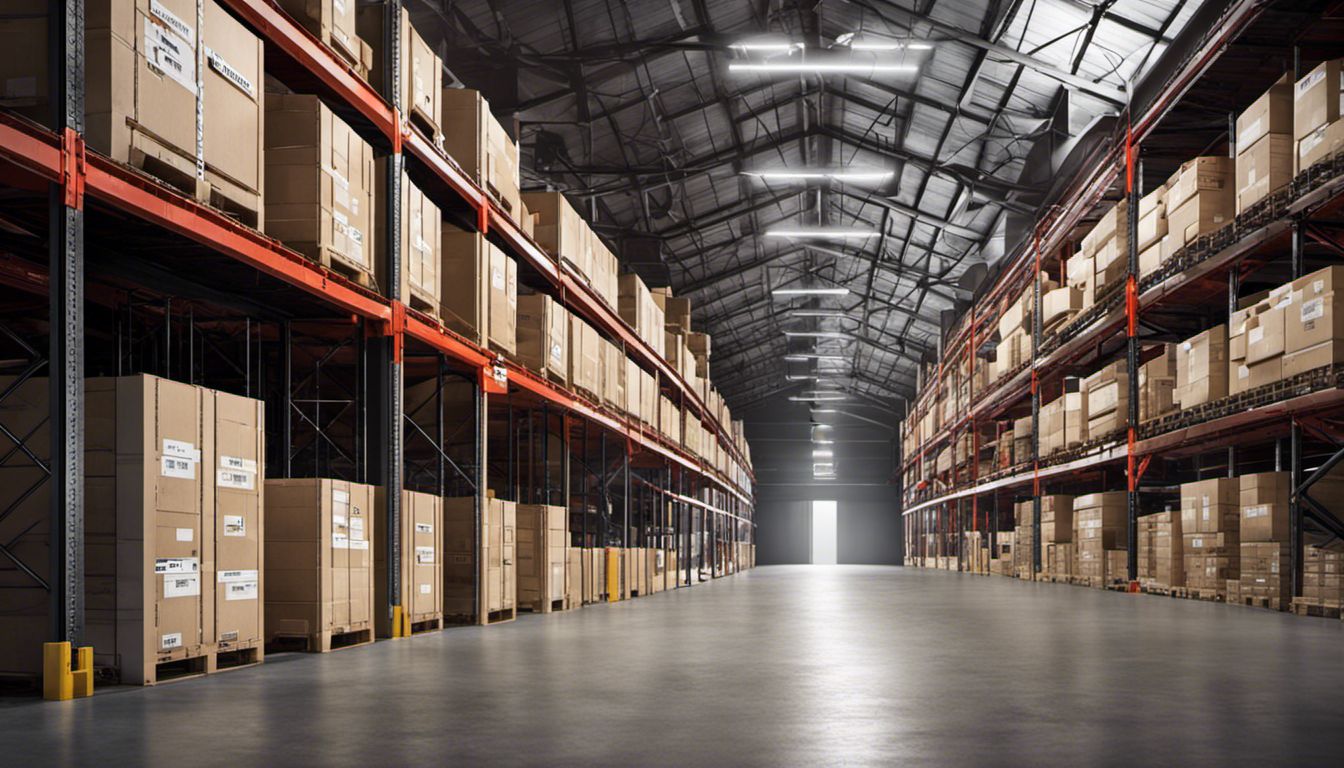 A highly secure warehouse featuring neatly stacked boxes with diverse labels, showcasing its organized storage system.