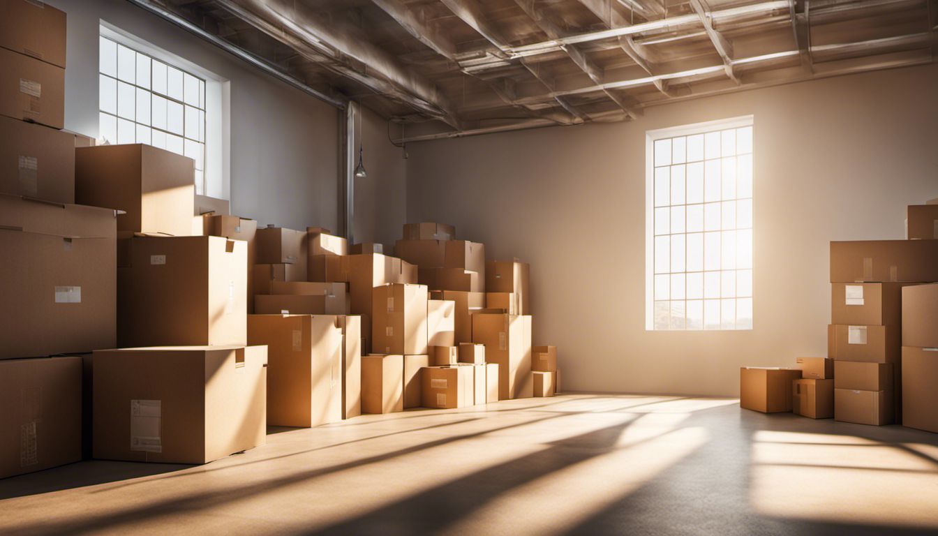 The image depicts a storage unit filled with stacks of cardboard boxes, illuminated by sunlight streaming through windows.