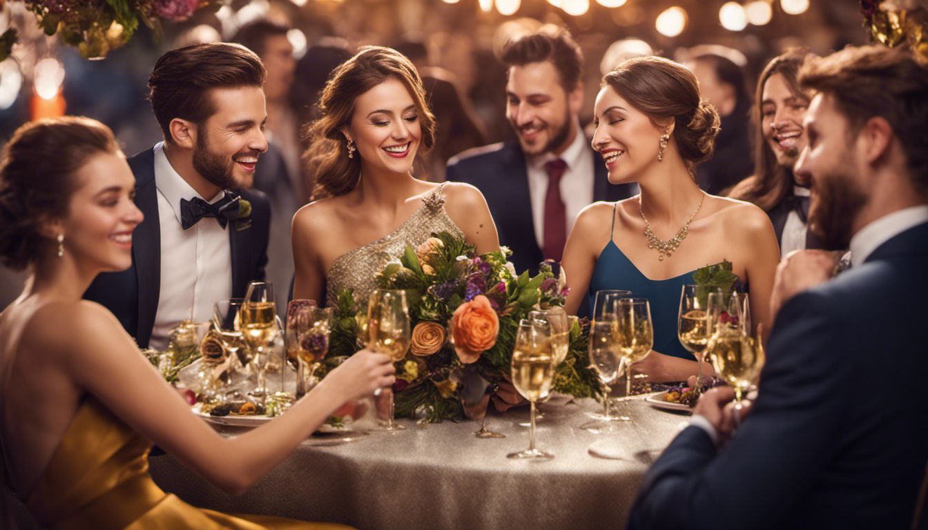 A glamorous social gathering with a diverse group of people enjoying themselves in elegant attire and lively atmosphere.