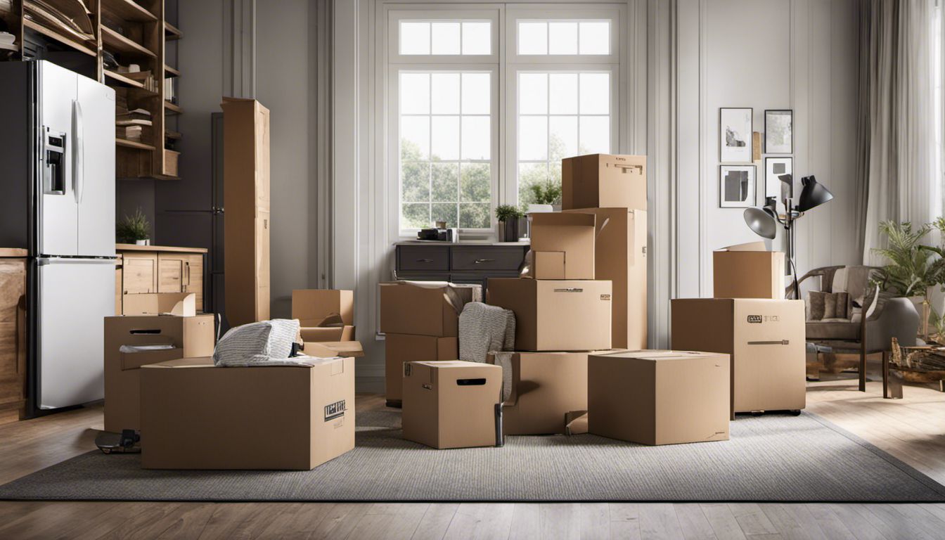 A moving crew unloads items into a new home, creating an organized chaos that symbolizes new beginnings.