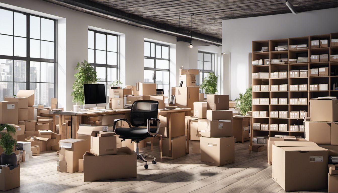 A well-organized office removal process with labeled boxes and disassembled furniture.