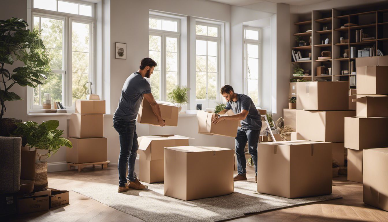 A team of professional movers expertly arrange and label boxes in a modern home.