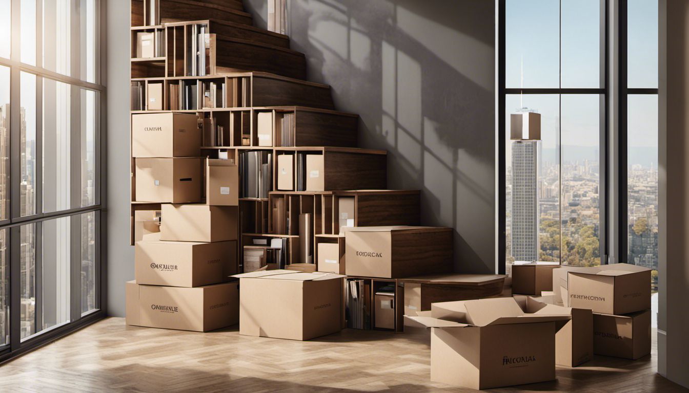 A professional mover carries a heavy wooden dresser up stairs surrounded by boxes, with a cityscape visible through open windows.