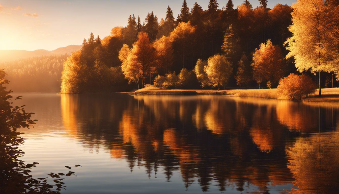 A tranquil lake at sunset, with trees casting long shadows on the water's surface, showcasing the beauty of nature.