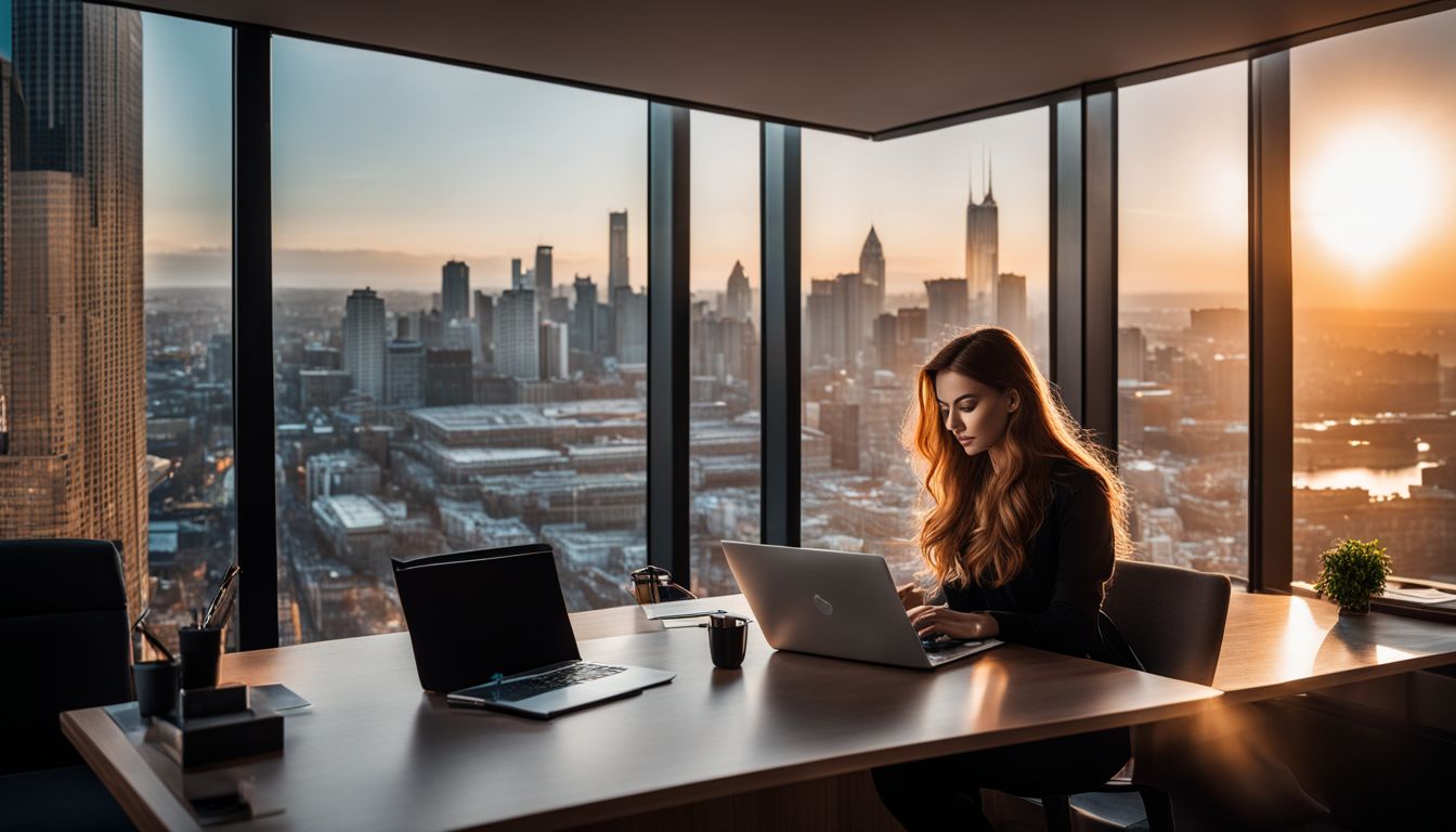 A person working on a laptop in a modern office with cityscape view.