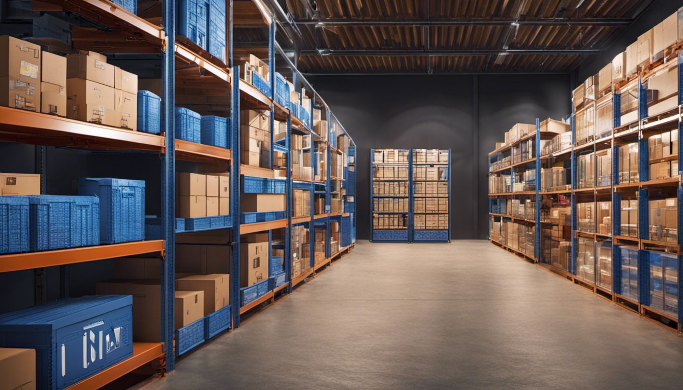 A well-organized and neatly labeled storage unit with shelves neatly stacked with various items.