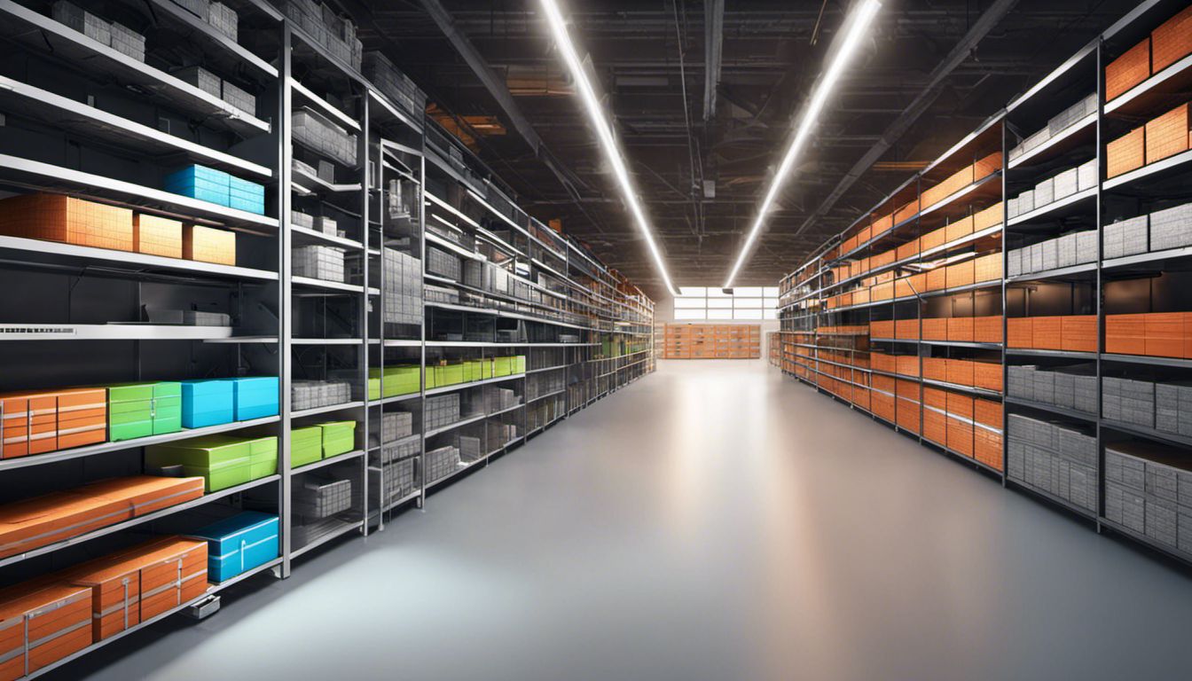 The image features a well-organized storage facility with rows of boxes and shelves, showcasing its spaciousness and attention to detail.