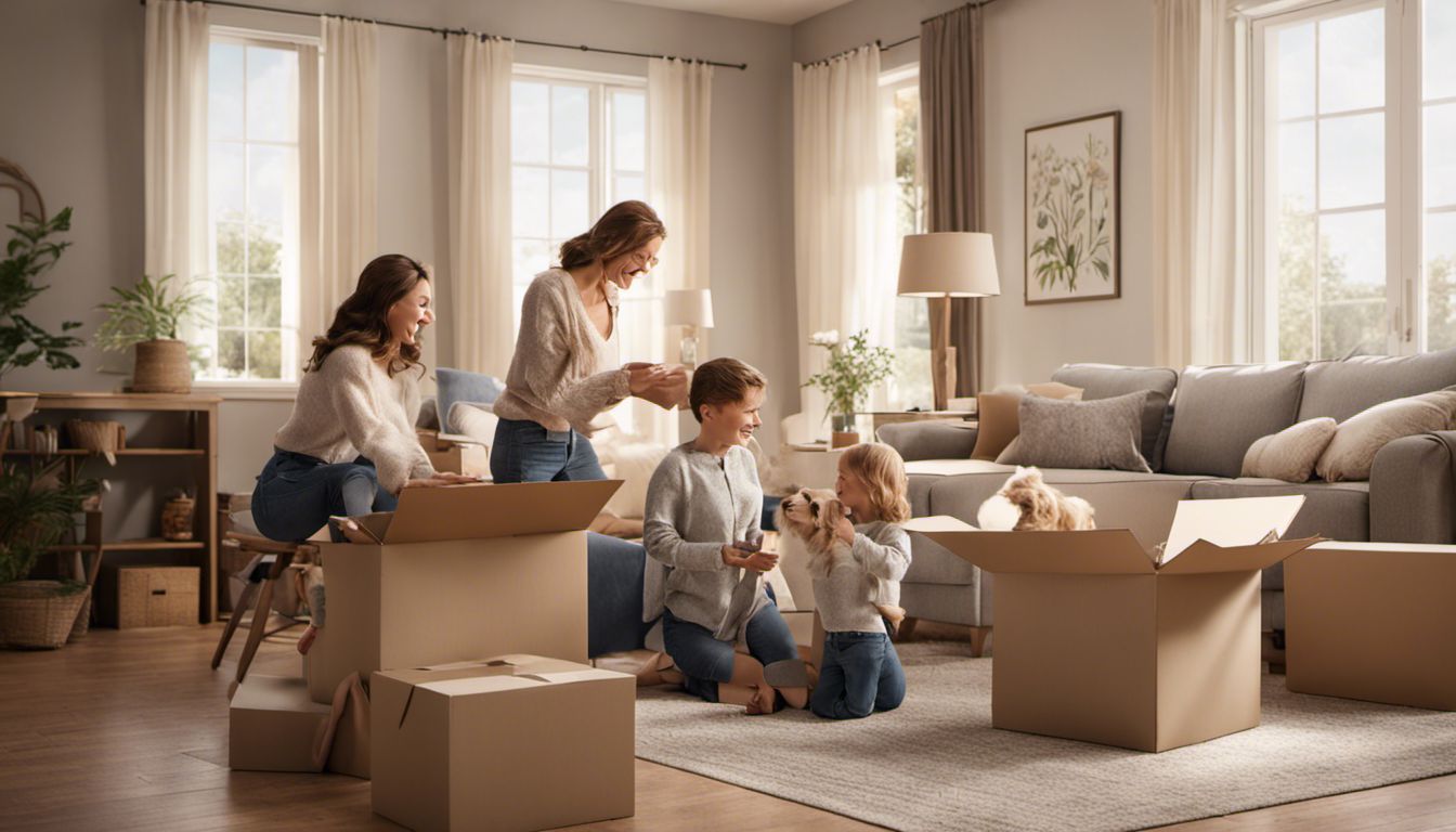 A happy family unpacks boxes in their new home, discovering the charm of each room and enjoying their bond.