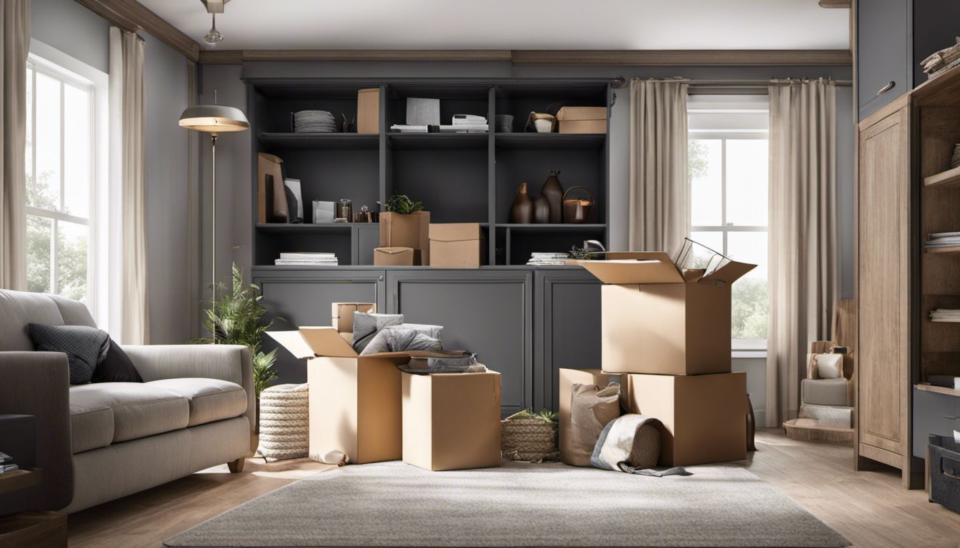 Professional movers expertly load household items into a spacious truck, arranging furniture, boxes, and appliances neatly.