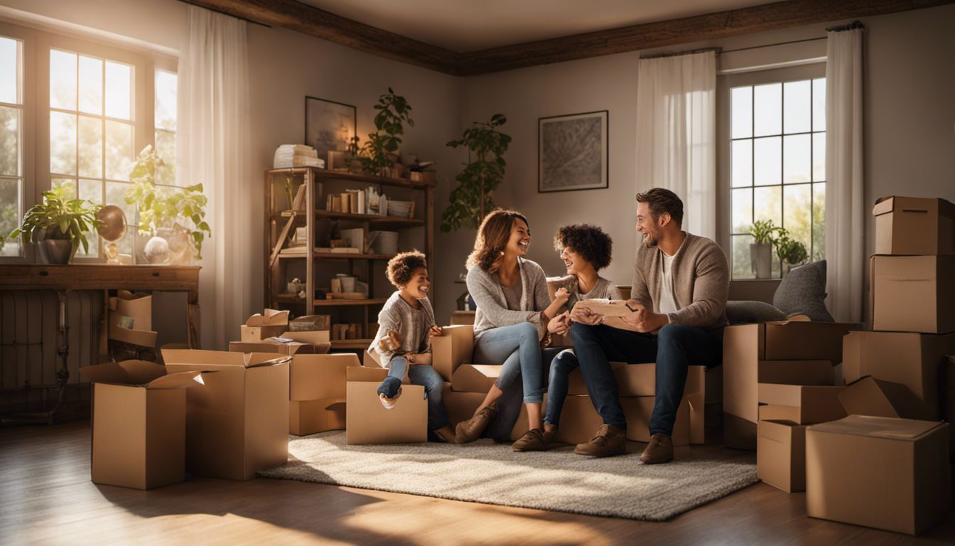 A diverse family happily settles into their new home, surrounded by moving boxes and sharing moments of laughter and joy.