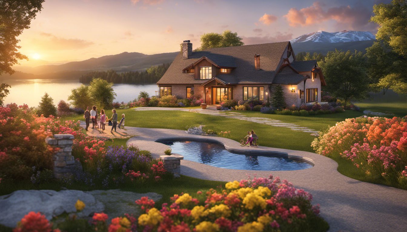 A family celebrates their new home in a beautiful setting, surrounded by nature's vibrant colors and a serene lake.