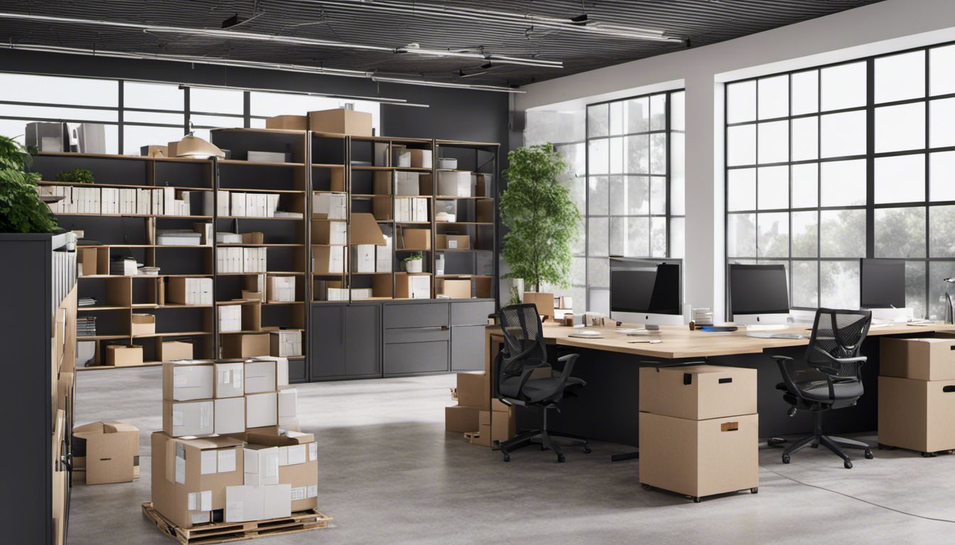 An office move is underway, with movers packing and organizing items, transforming the space into a more orderly arrangement.
