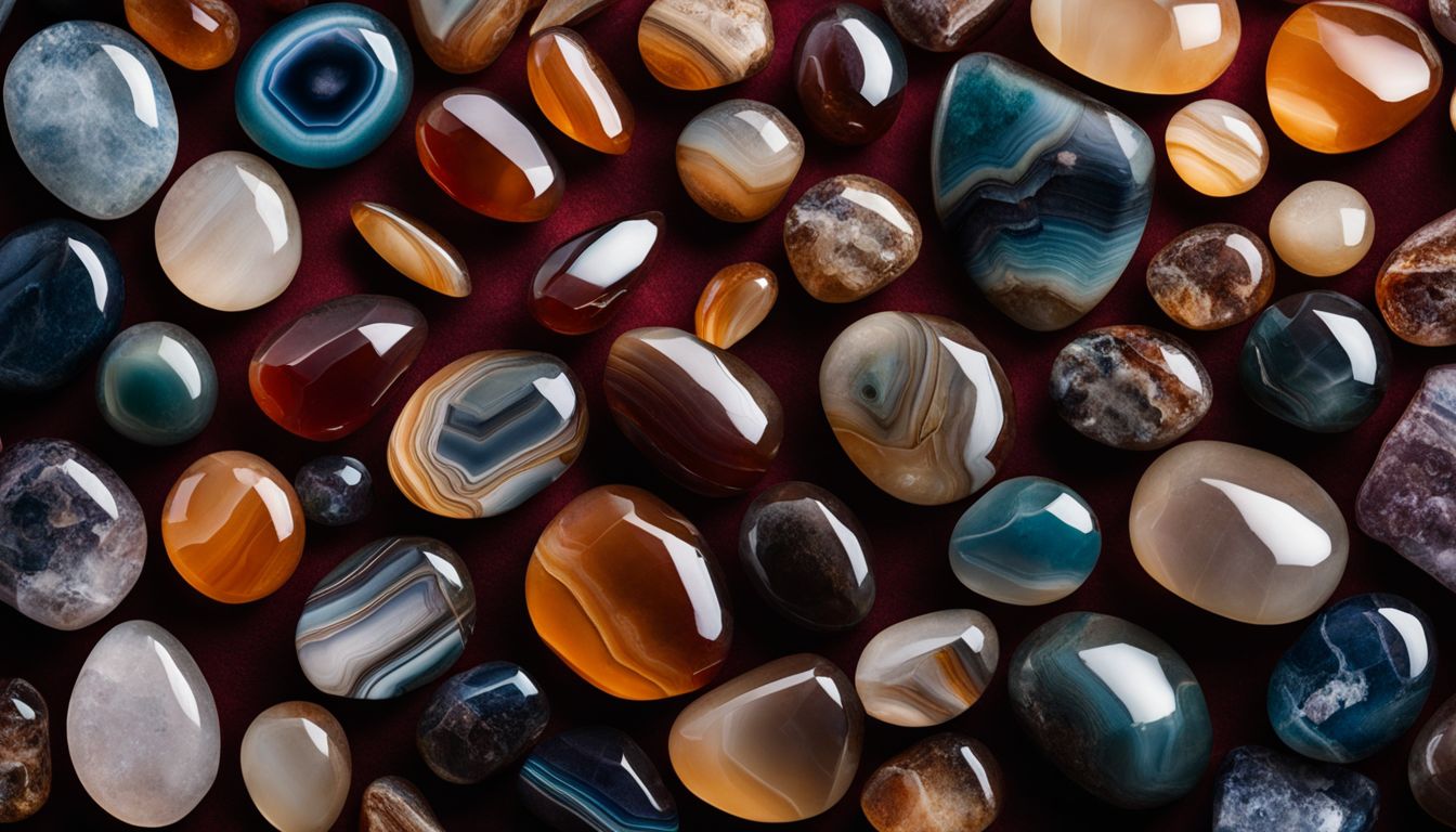 Multiple polished Persian Agate gemstones arranged in a pattern on a velvet background.