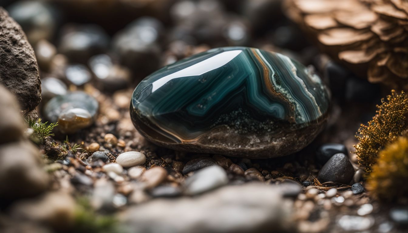 A close-up photo of a vibrant Indian Agate stone surrounded by natural elements, without any humans in the scene.