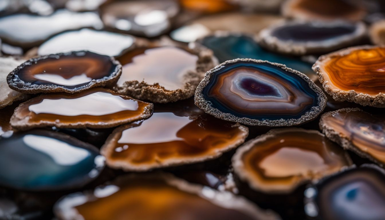 A vibrant and colorful photo of Persian Agate slices on a bed of other agate slices.