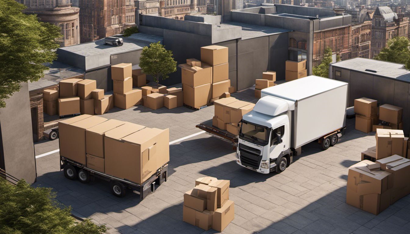 A team of skilled movers efficiently pack furniture onto a truck, against a city backdrop.
