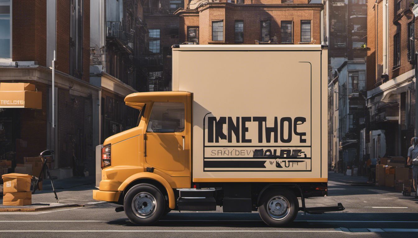 A packed moving truck amidst a bustling cityscape represents a fresh start and new beginnings.