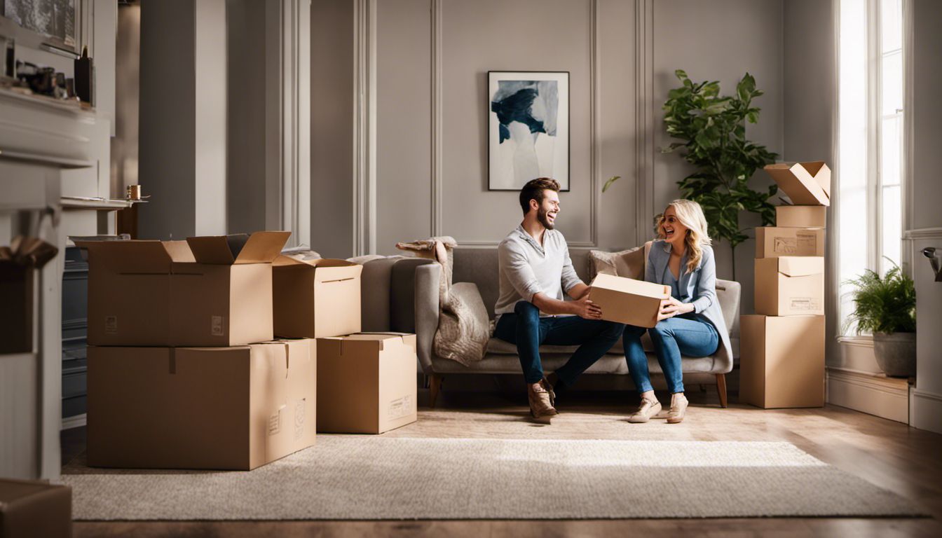 A couple happily unpacks boxes in their new Dublin home, expressing joy and excitement.