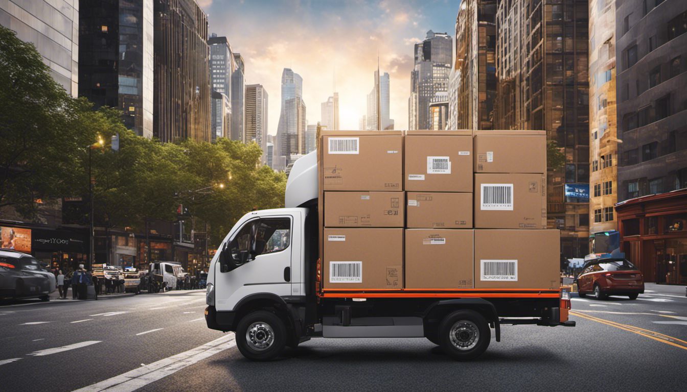 A moving truck loaded with neatly stacked boxes is pictured against a backdrop of a bustling city street.