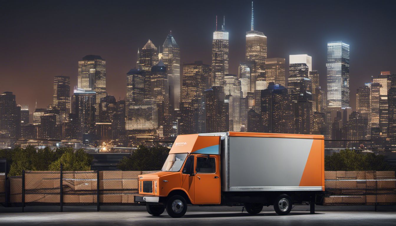 A well-organized moving truck sits in front of a bustling city skyline, evoking nostalgia and efficiency.