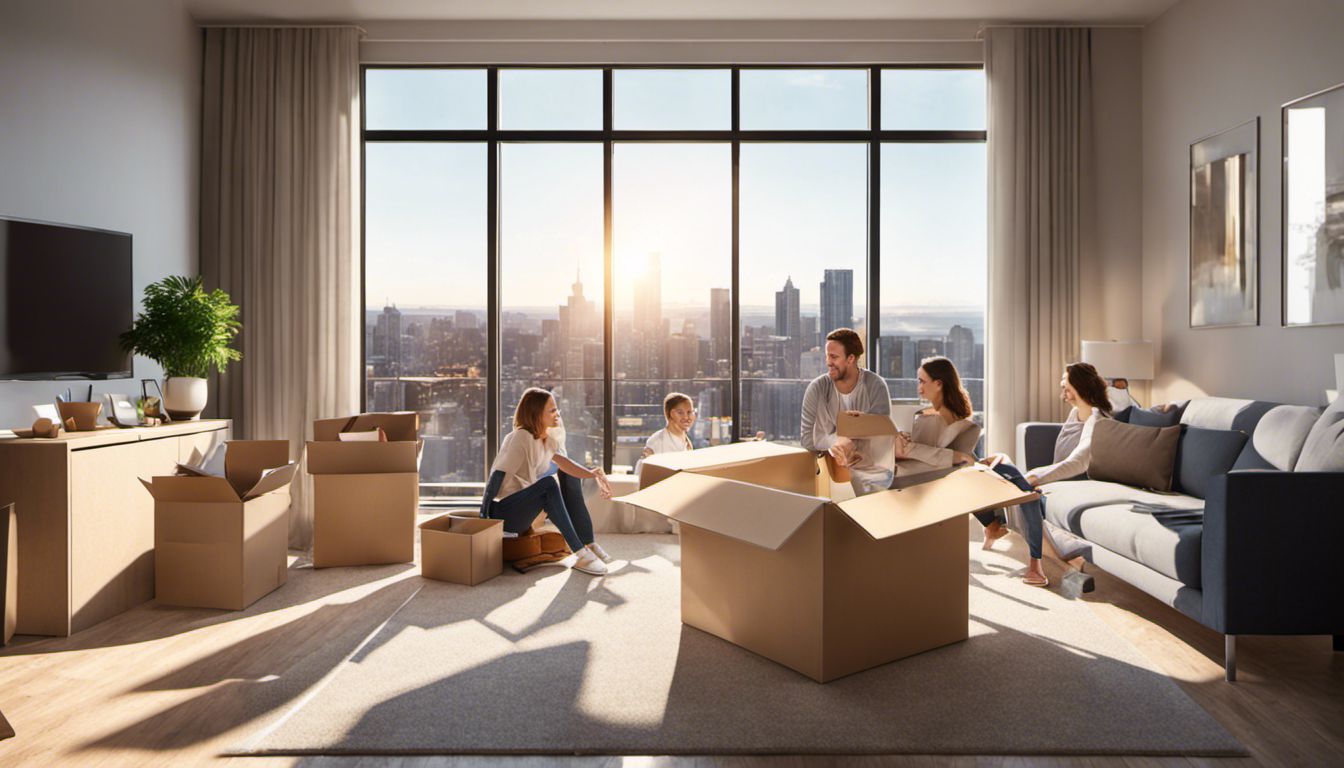 A joyful family unpacks belongings in their new apartment, admiring the stunning cityscape outside.